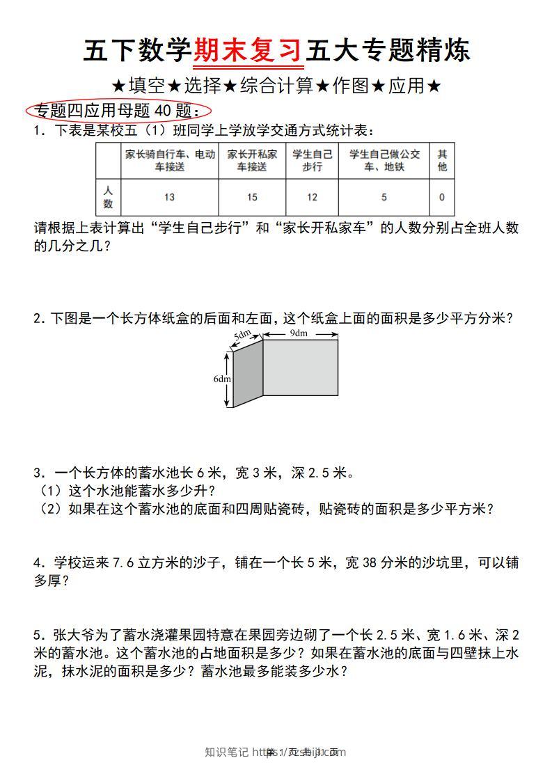五下数学【期末复习五大专题精炼（专题四：应用题）】-知识笔记