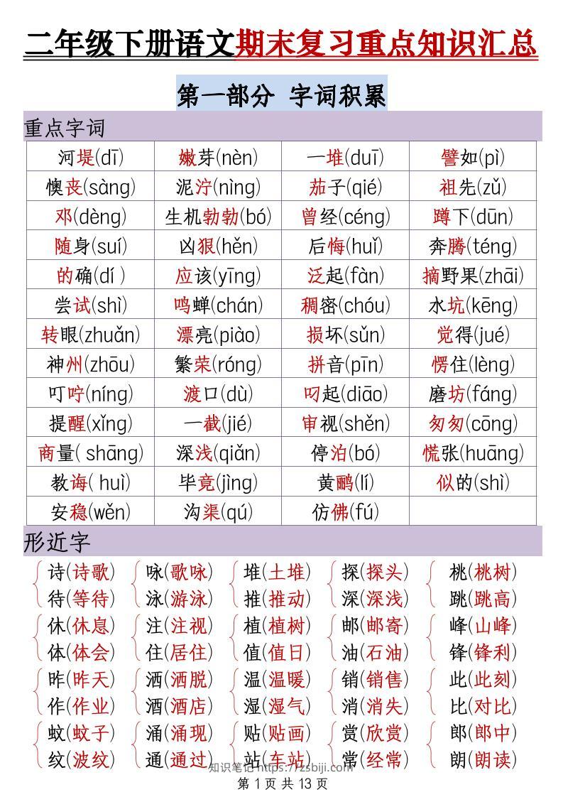 二下语文期末复习重点知识汇总（13页）-知识笔记