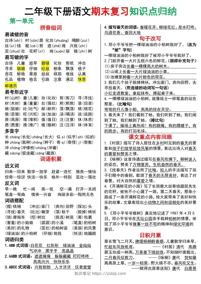 二下语文期末复习知识点归纳（8页）-知识笔记