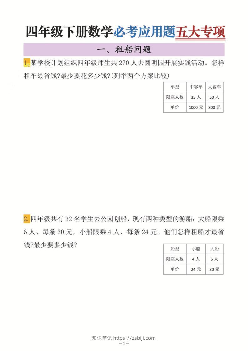四年级下数学必考应用题五大专项-知识笔记