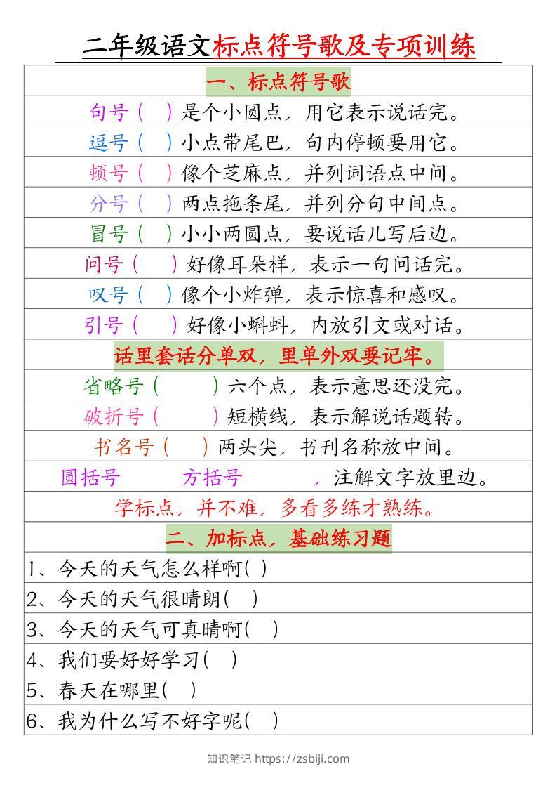 二年级下册语文标点符号歌及专项训练（4页）-知识笔记