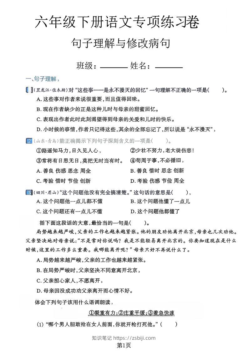 六下语文句子理解与修改病句专项练习卷-知识笔记