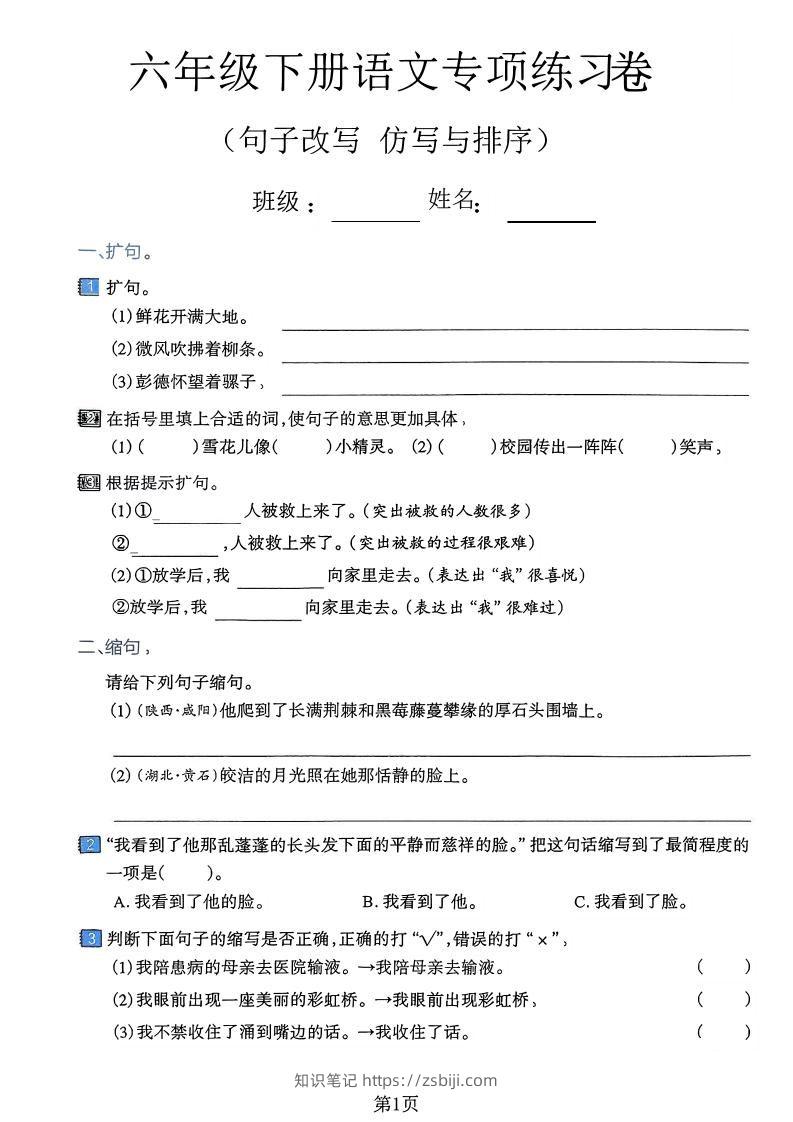 六下语文句子改写仿写与排序专项练习卷-知识笔记