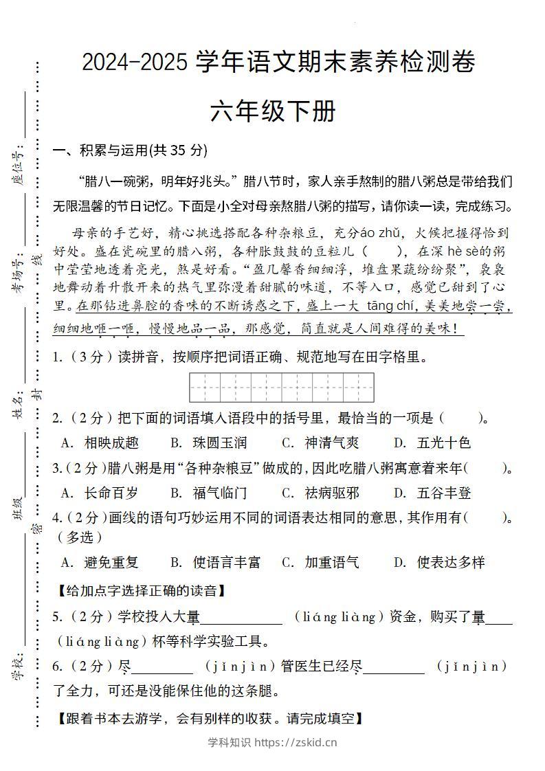 24-25学年语文期末素养检测卷六年级下册-知识笔记