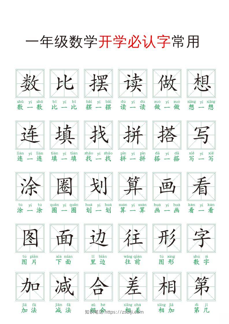 一年级上册数学开学必认字常用-知识笔记
