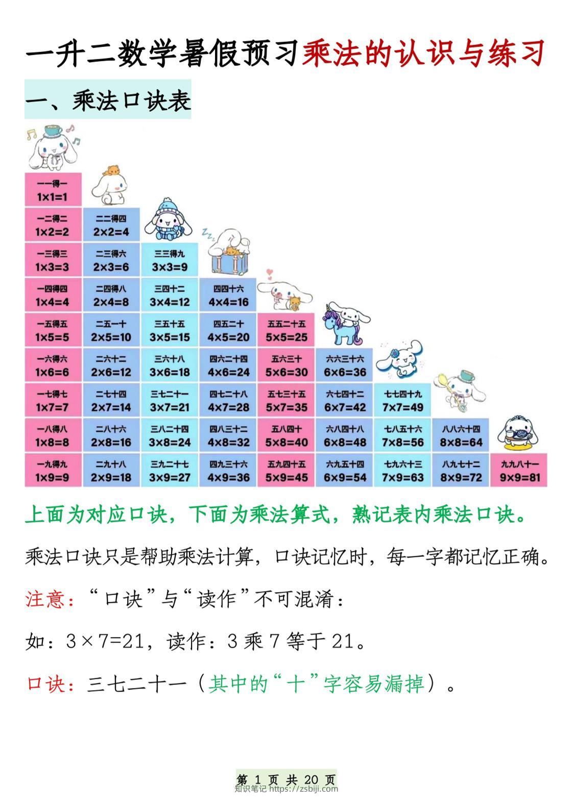 2603一升二数学暑假预习乘法的认识与练习（含答案40页）二上数学-知识笔记