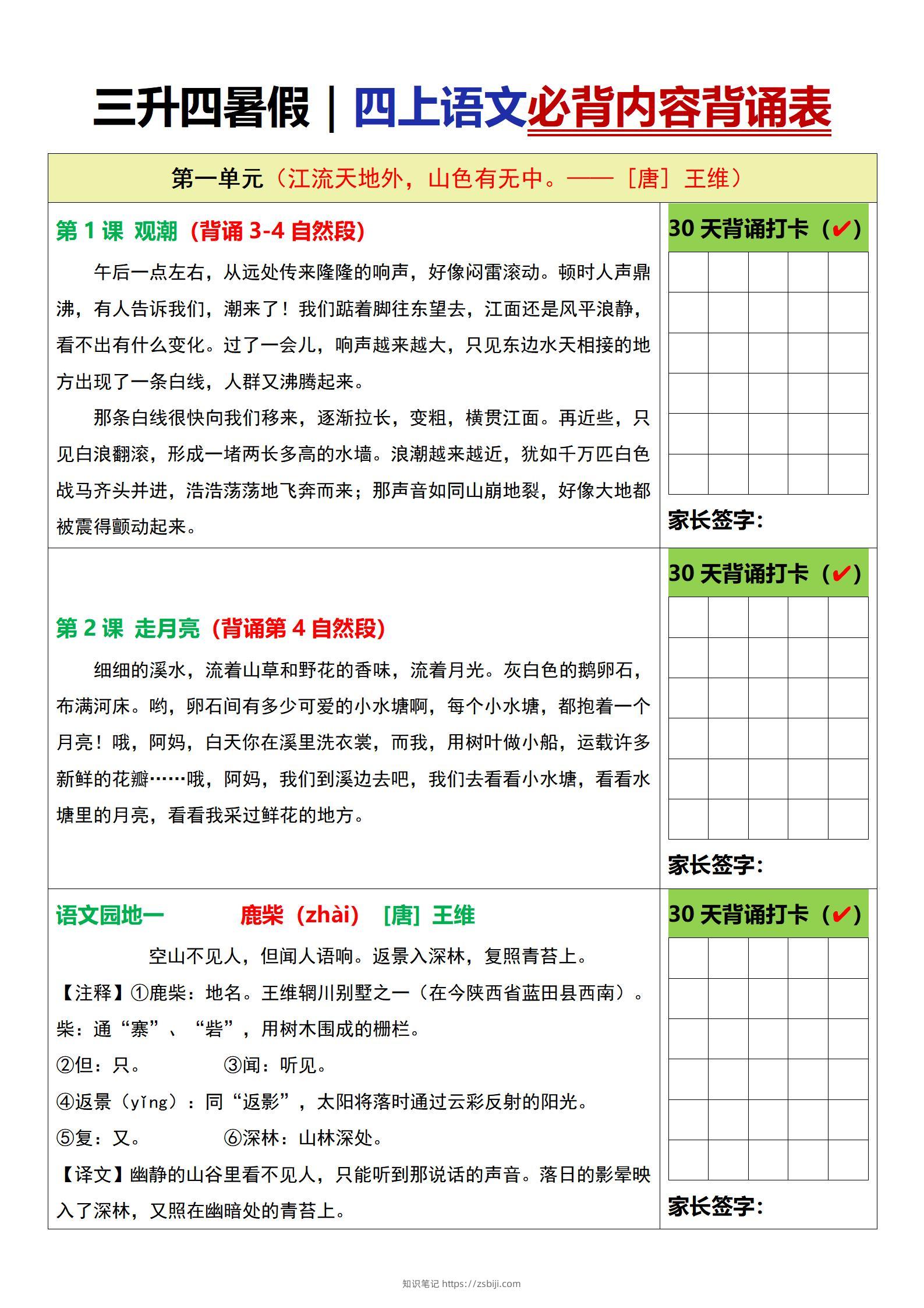 三升四暑假四上语文必背内容背诵表6页-知识笔记
