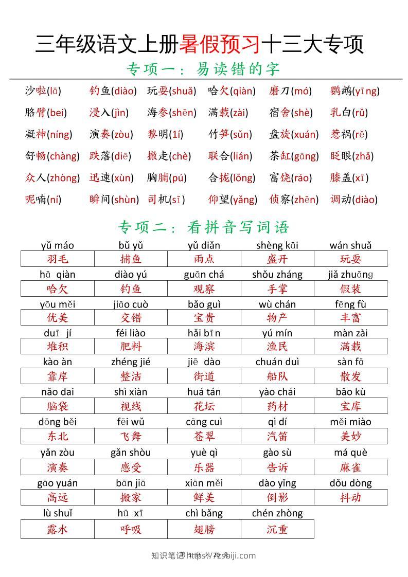 三年级语文上册暑假预习十三大专项-知识笔记