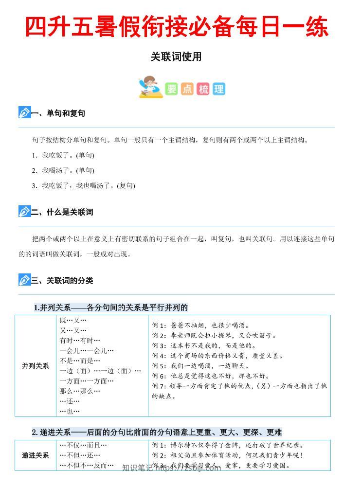 四下语文《关键词专项练习暑假每日一练》四升五-知识笔记