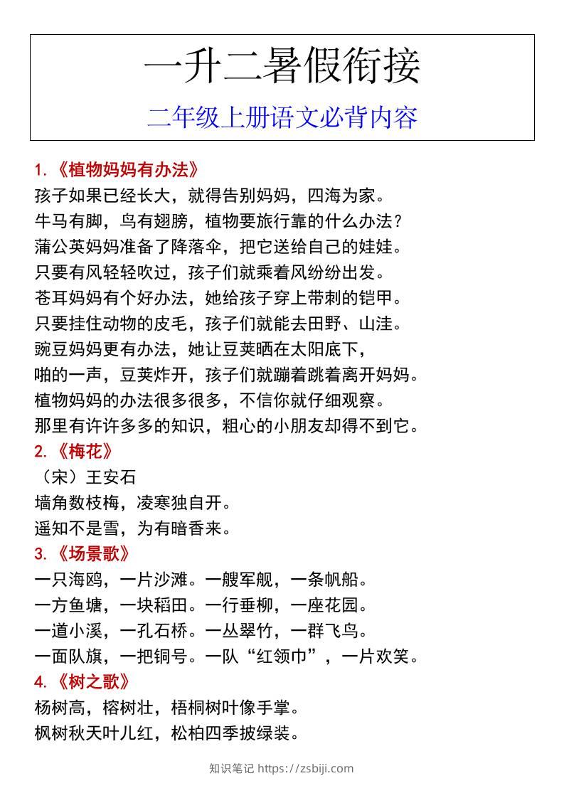 一升二暑假衔接二年级上册语文必背内容-知识笔记