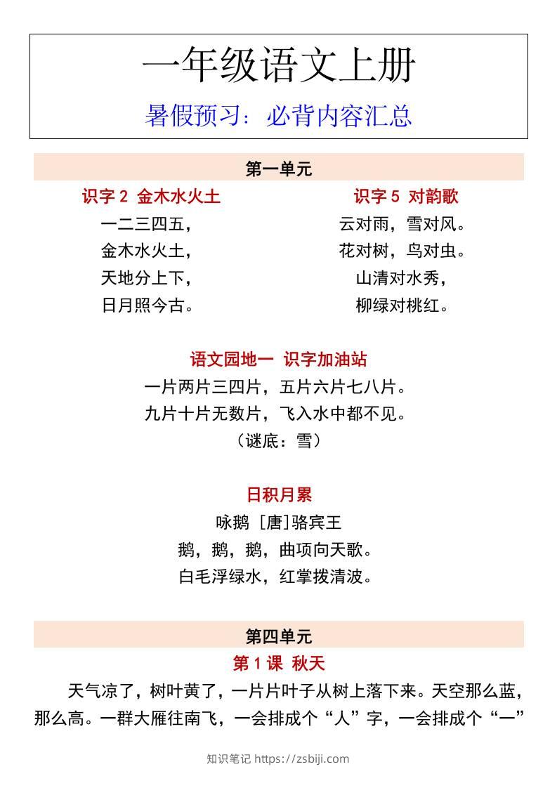 一年级语文上册暑假预习：必背内容汇总-知识笔记