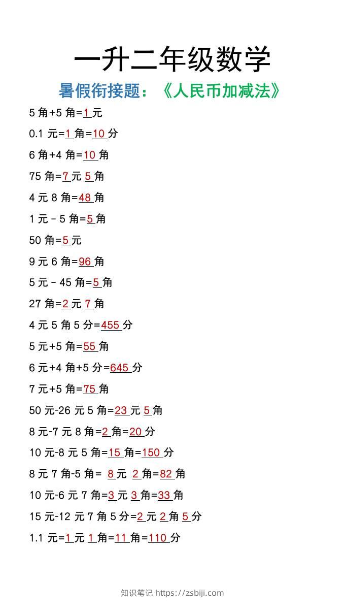 一升二年级数学上册暑假衔接作业《人民币加减法》-知识笔记