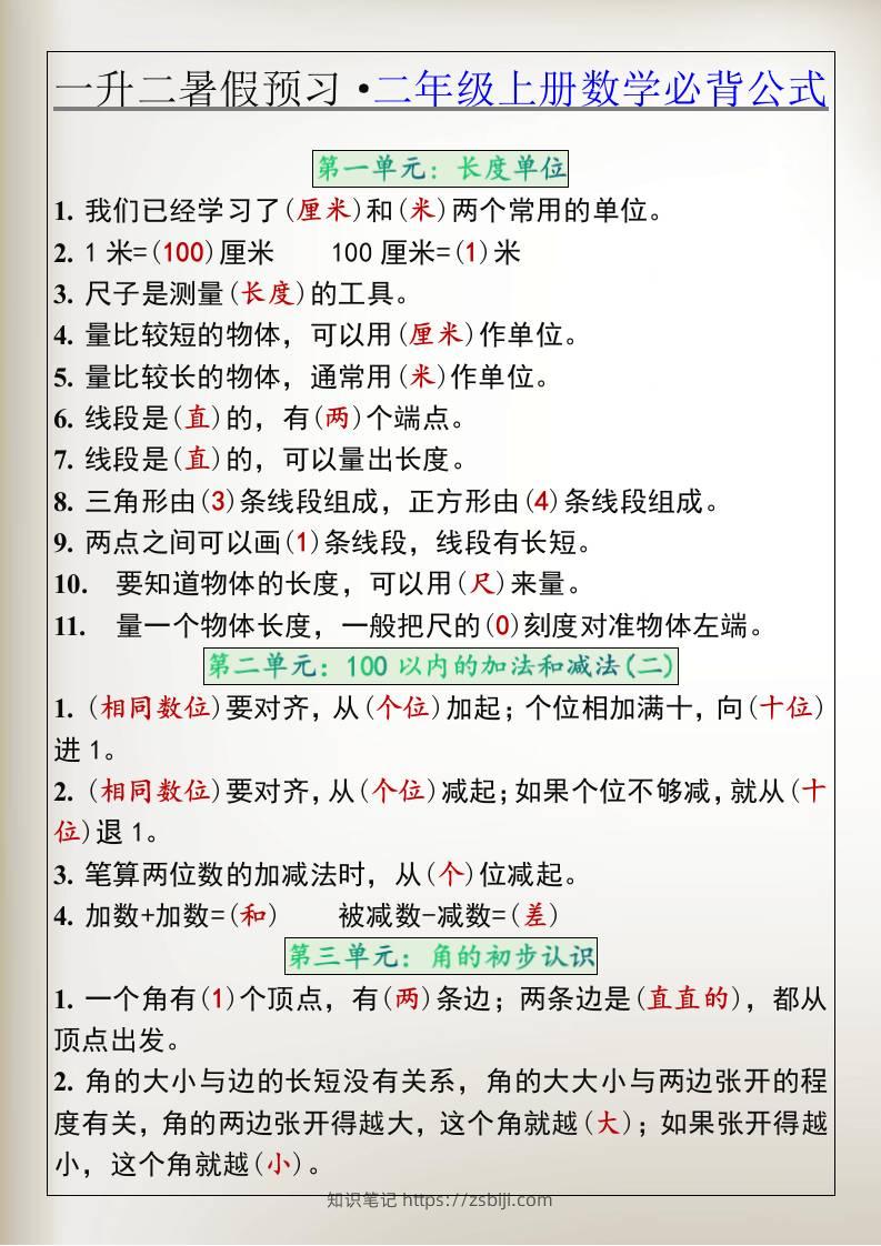 一升二暑假预习·二年级上册数学必背公式-知识笔记