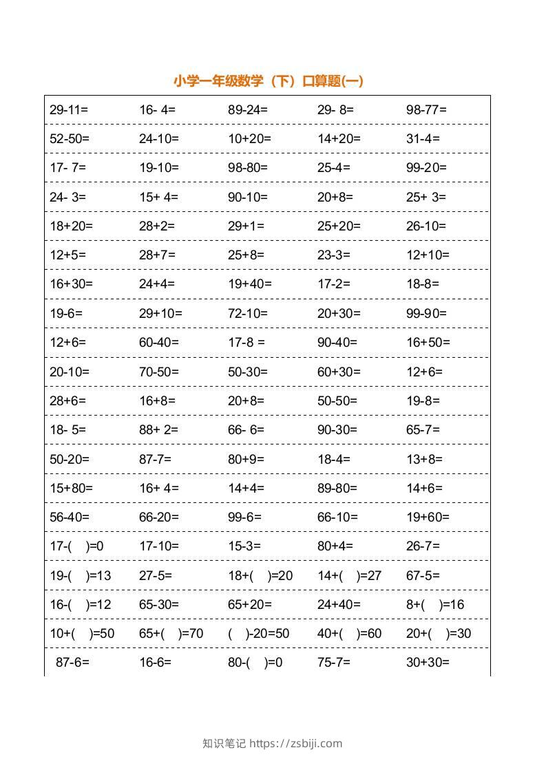 一年级下册数学暑假口算训练题18套（每页100道）-知识笔记