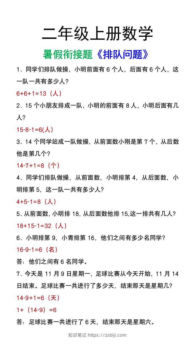 二年级上册数学暑假衔接题《排队问题》应用题-知识笔记
