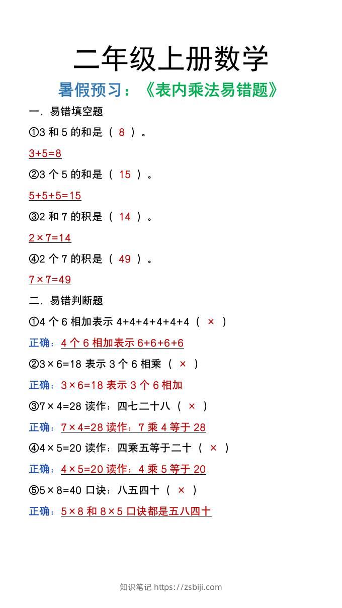 二年级上册数学暑假预习《表内乘法易错题》-知识笔记