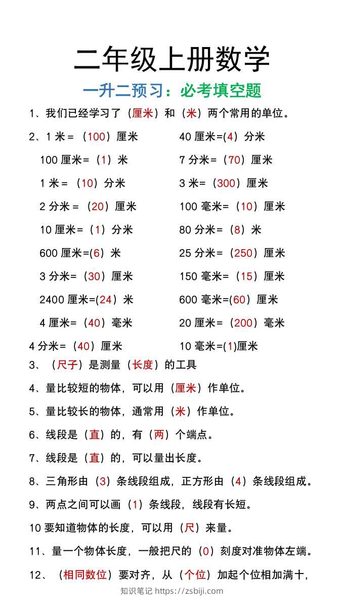 二年级上册数学暑假预习必做《重点填空题》-知识笔记