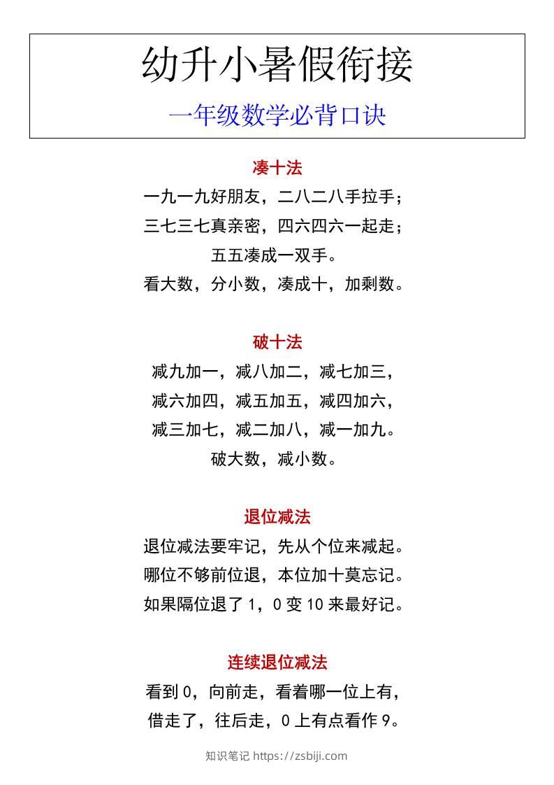 幼升小暑假衔接一年级数学必背口诀-知识笔记