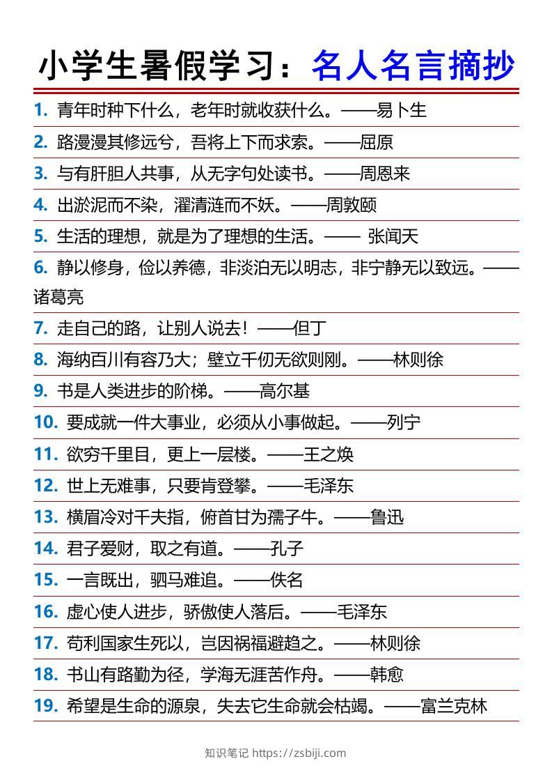小学生暑假学习：名人名言摘抄-小升初语文-知识笔记