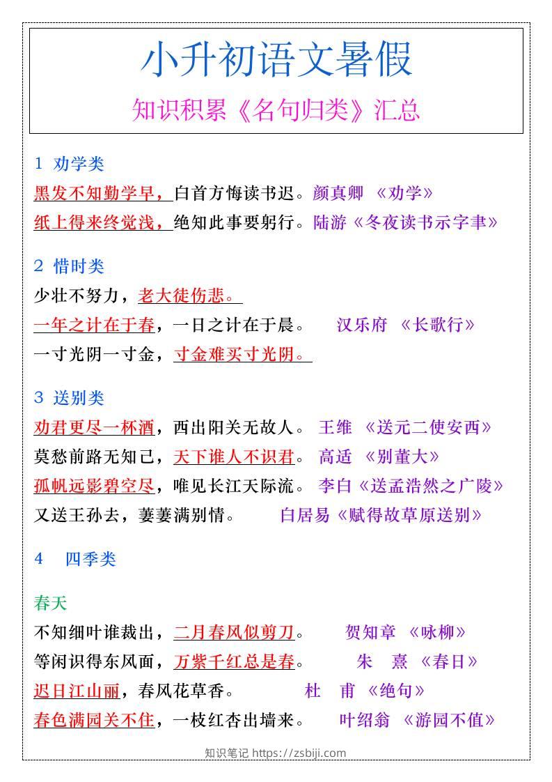 小升初语文暑假必背知识积累《名句归类》汇总-小升初语文-知识笔记