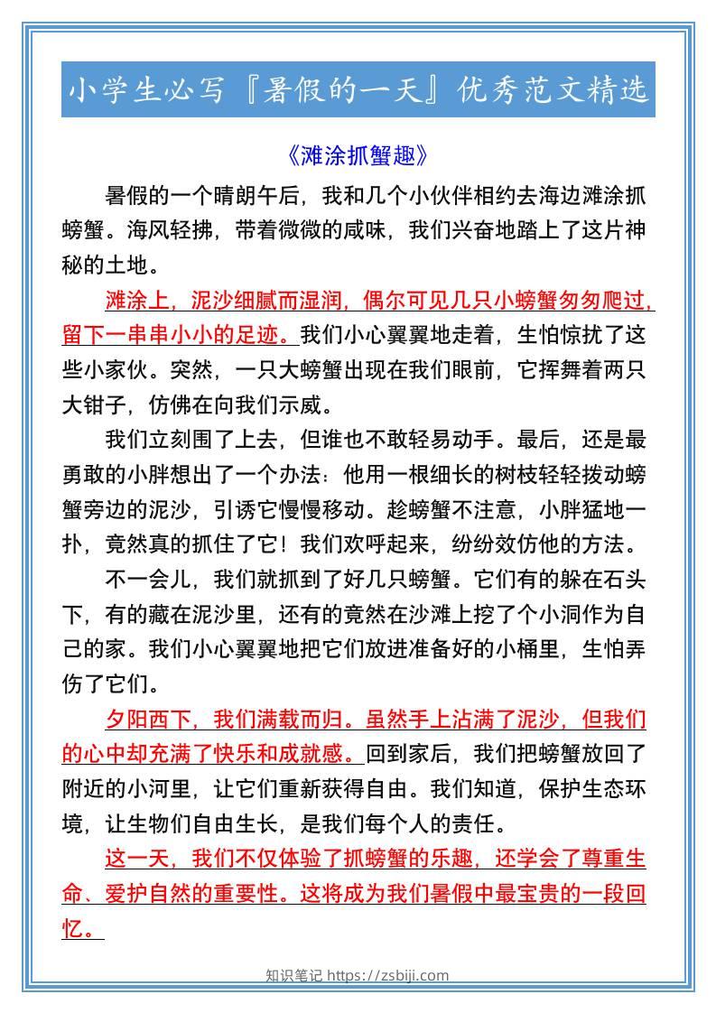 小学生必写『暑假的一天』优秀范文精选-小升初语文-知识笔记