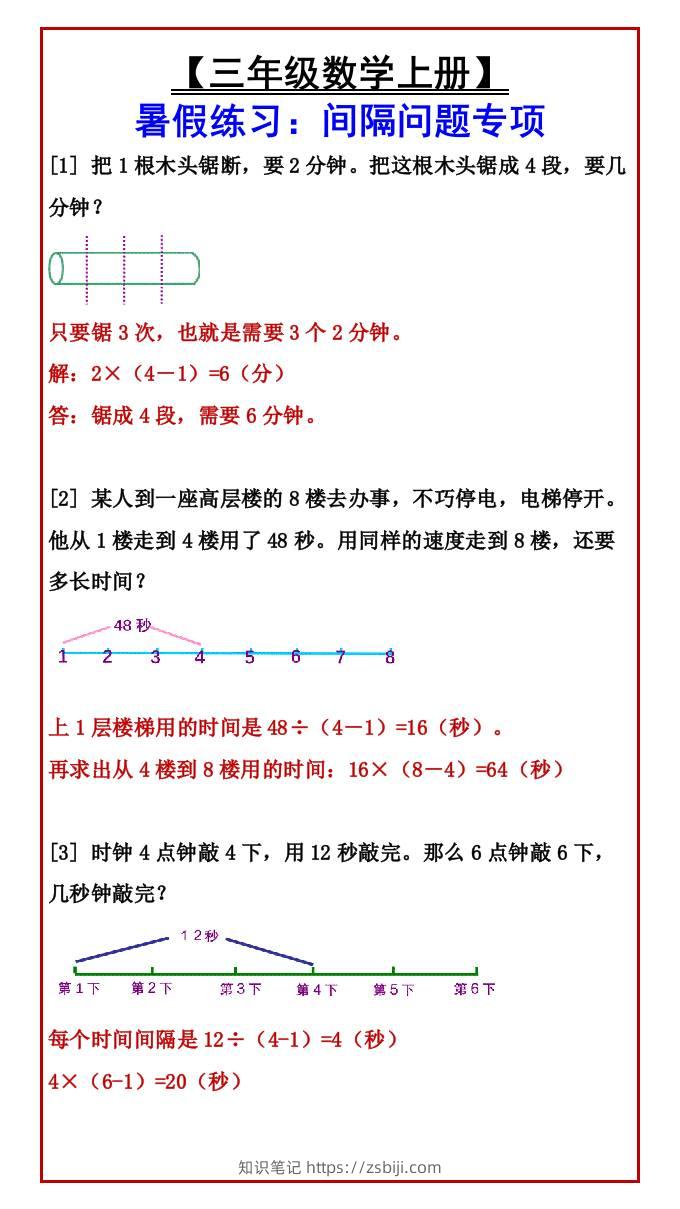 【三年级数学上册】暑假练习：间隔问题专项-三上数学-知识笔记