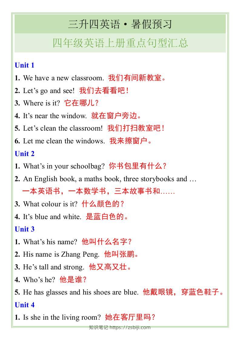 三升四英语暑假预习——四年级英语上册重点句型汇总-四上英语-知识笔记