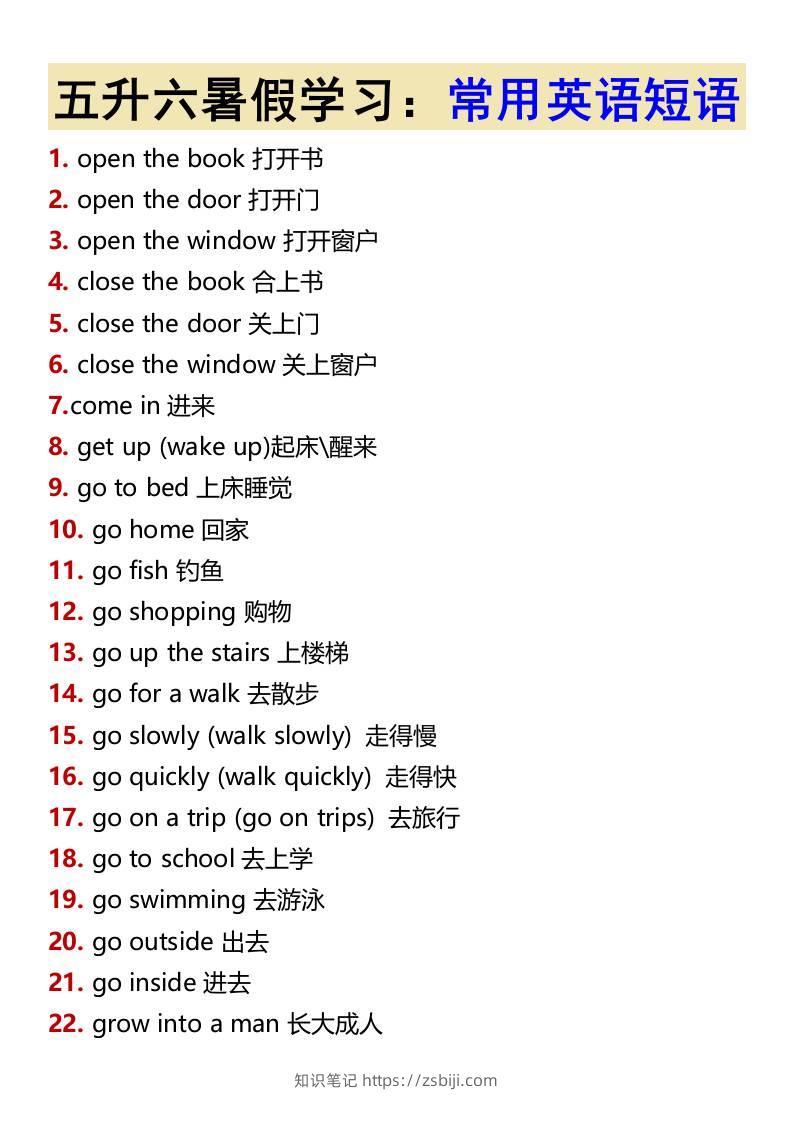 五升六暑假学习：常用英语短语-六上英语-知识笔记