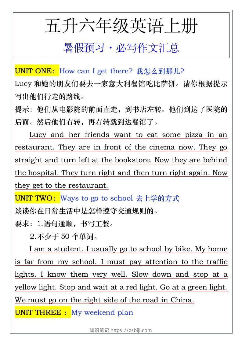 五升六年级英语上册暑假预习·必写作文汇总-六上英语-知识笔记
