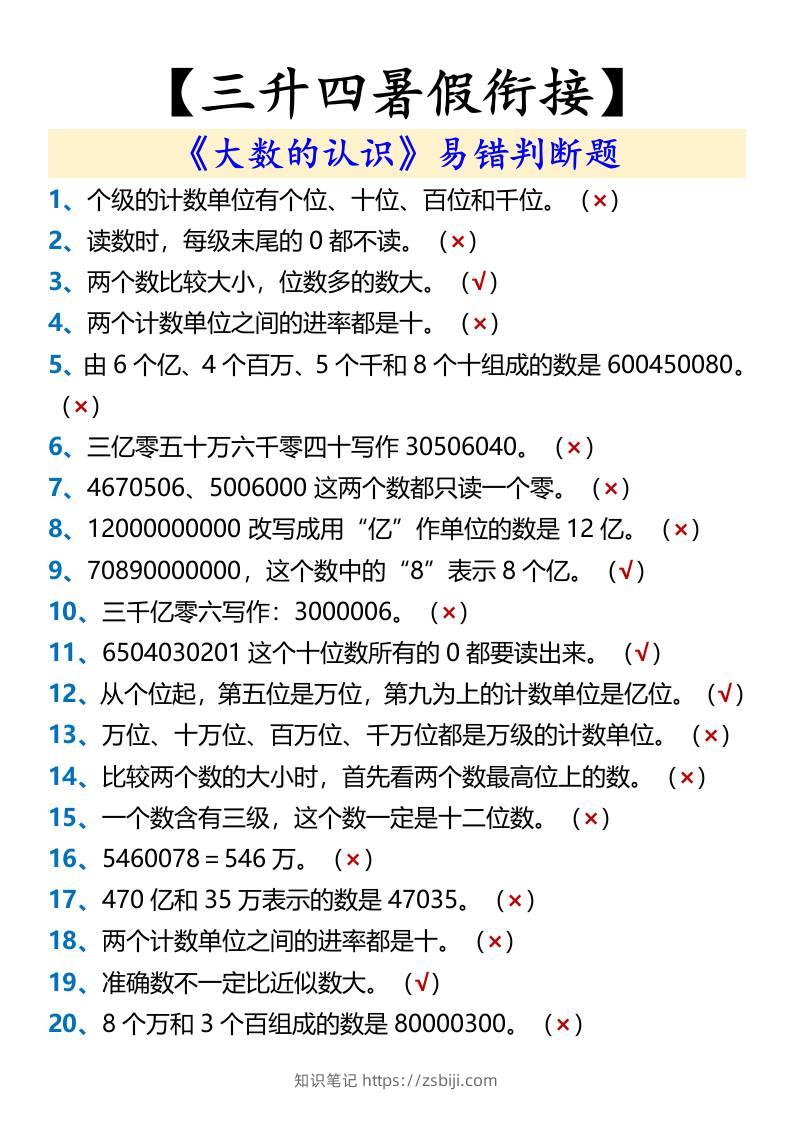 【三升四暑假衔接】《大数的认识》易错判断题-四上数学-知识笔记