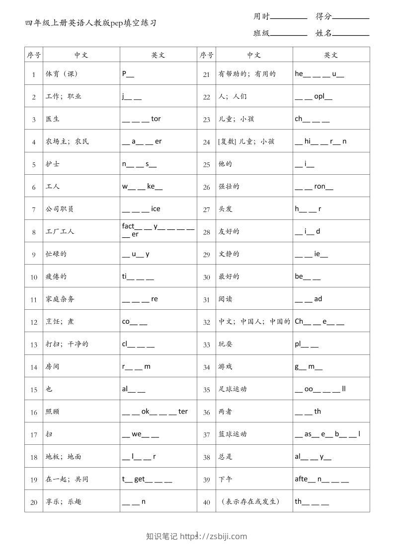 四年级上册英语人教版pep填空练习-知识笔记
