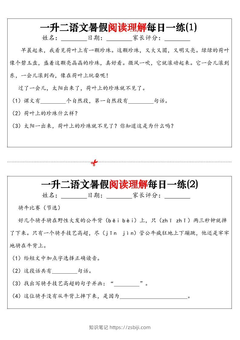 一升二语文暑假阅读理解每日一练32天（16页）-二上语文-知识笔记