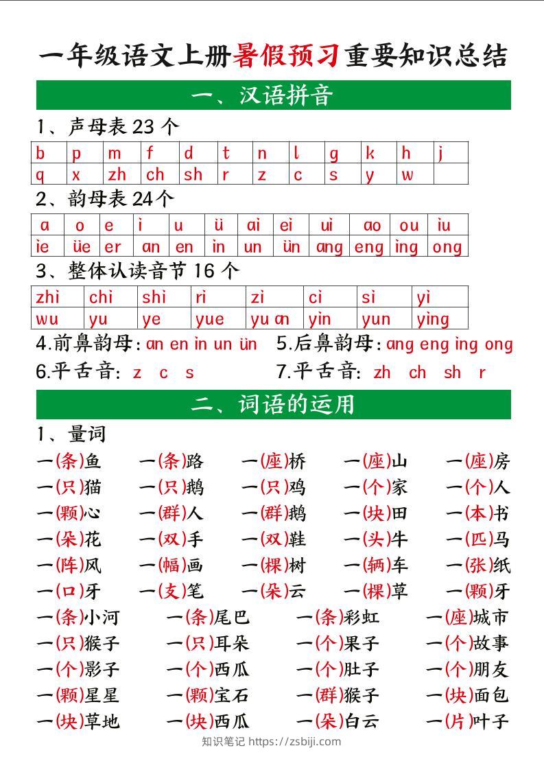 一上语文【暑假预习重要知识总结】-知识笔记