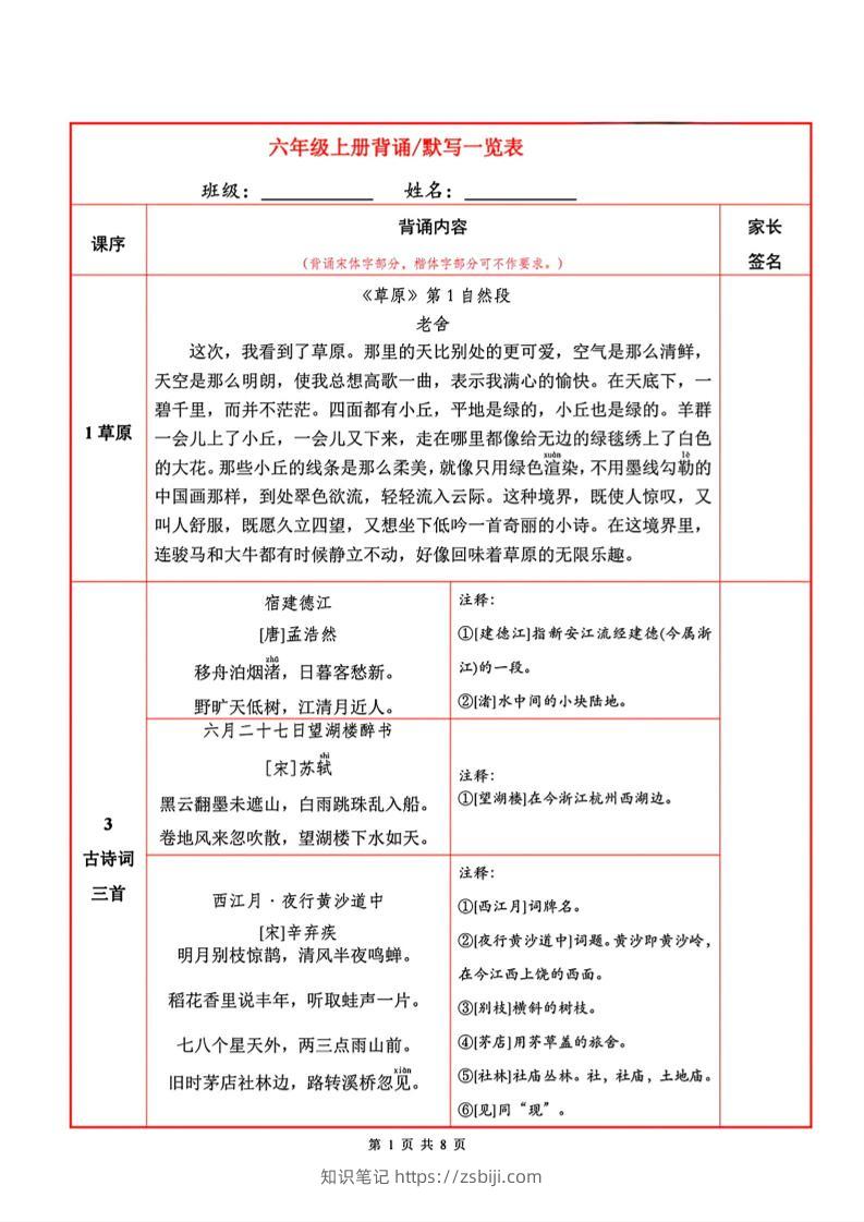 六上语文必背内容+默写表-知识笔记