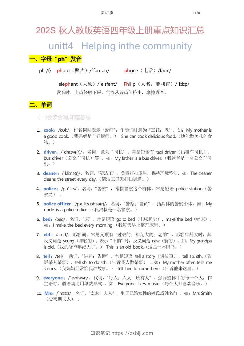 2025秋人教版英语四上Unit4重点知识汇总-知识笔记