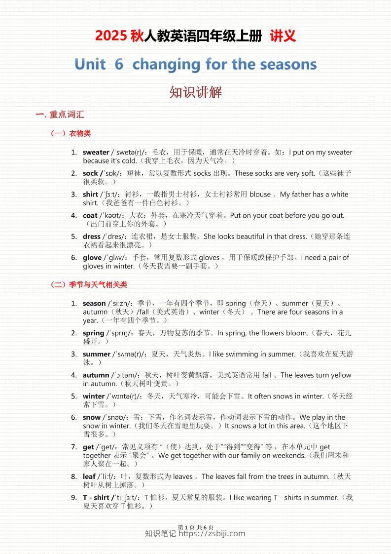 2025秋人教英语四上讲义Unit06-知识笔记