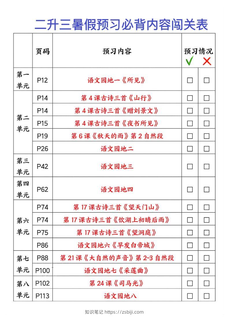 2025秋二升三暑假预习闯关表三上语文-知识笔记