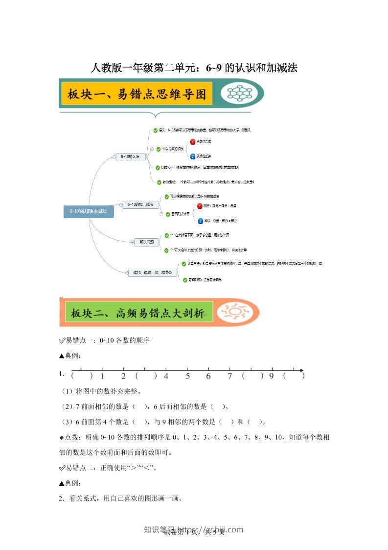 人教版数学一年级上册第二单元《6~9的认识和加减法》易错点大全-知识笔记