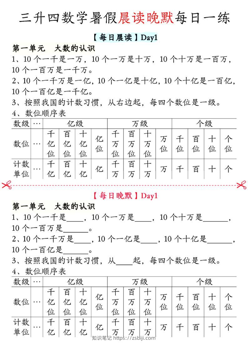 三升四数学暑假【晨读晚默】四上-知识笔记