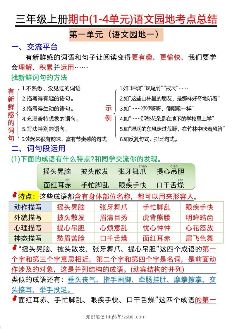 三年级上册期中(1-4单元)语文园地考点总结纯图版-知识笔记