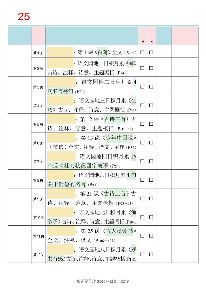 25秋新四升五语文暑假衔接必背闯关表-五上语文-知识笔记