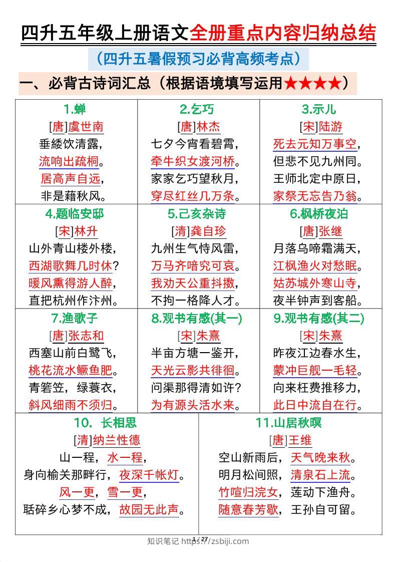 四升五年级上册语文全册重点内容归纳总结输出27页-五上语文-知识笔记