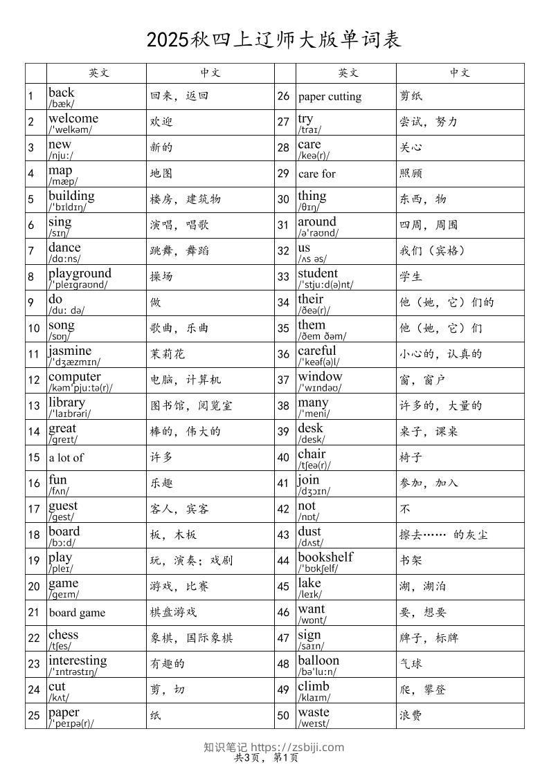 2025秋四上英语辽师大版单词表-知识笔记