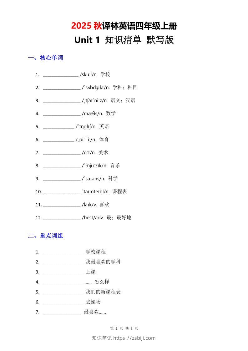 2025秋译林英语四上Unit1知识清单-默写版-知识笔记