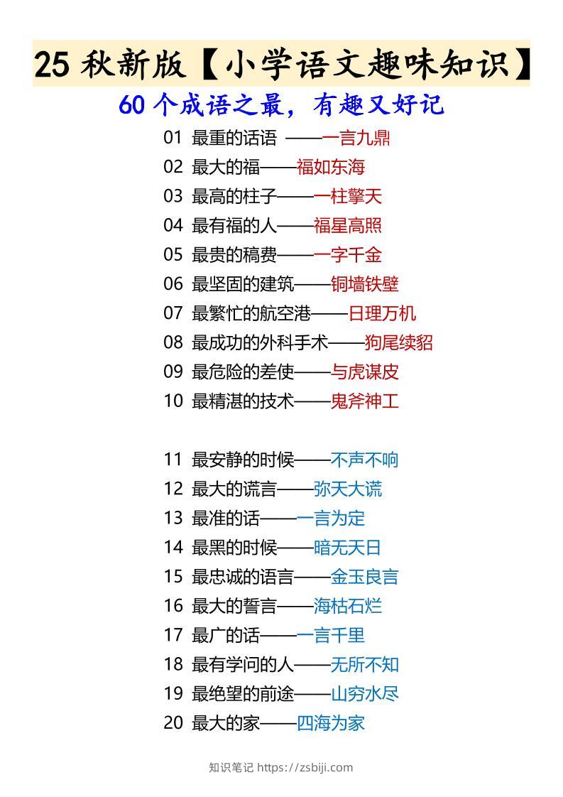 【2025秋新版】【小学语文趣味知识】60个成语之最，有趣又好记-六上语文-知识笔记