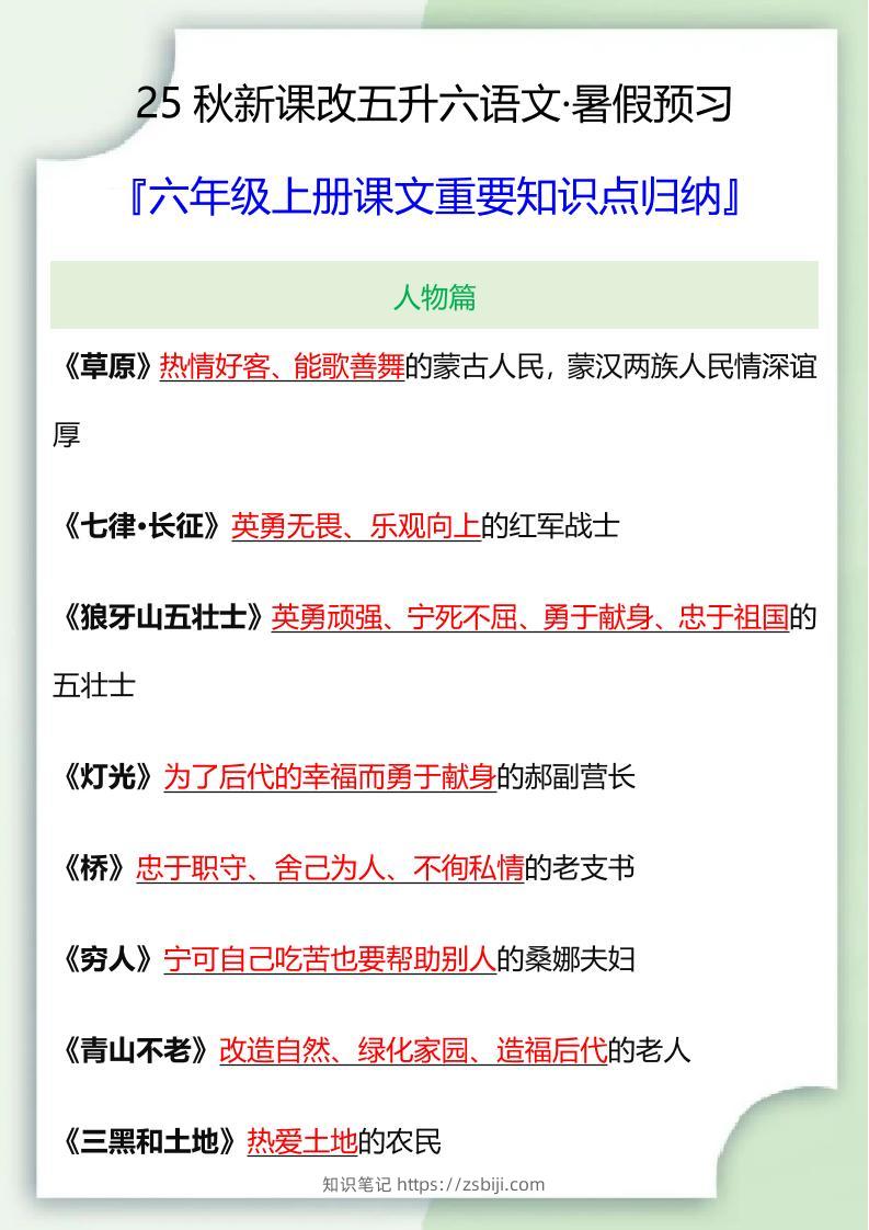 【2025秋新版】六年级语文上册课文重要知识点归纳-知识笔记