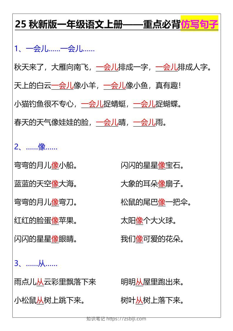 【2025秋新版】一年级语文上册——重点必背仿写句子-知识笔记