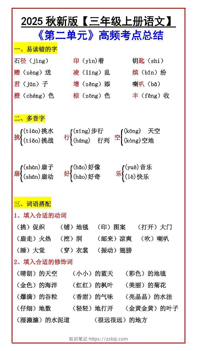 【2025秋新版】【三年级上册语文】《第二单元》高频考点总结-知识笔记