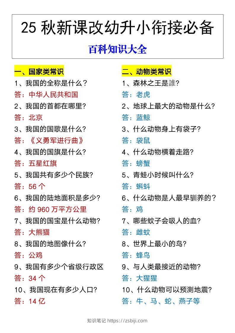 【2025秋新版】幼升小衔接必备百科知识大全-知识笔记