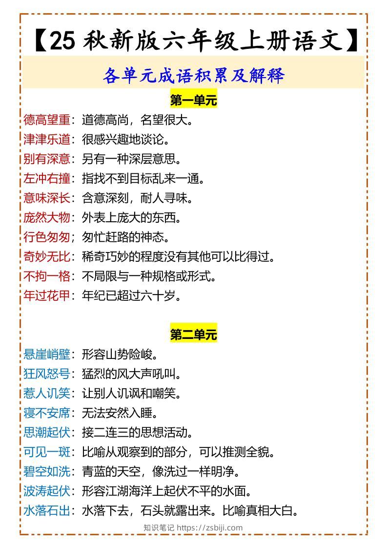 【2025秋新版】【六年级上册语文】各单元成语积累及解释-知识笔记